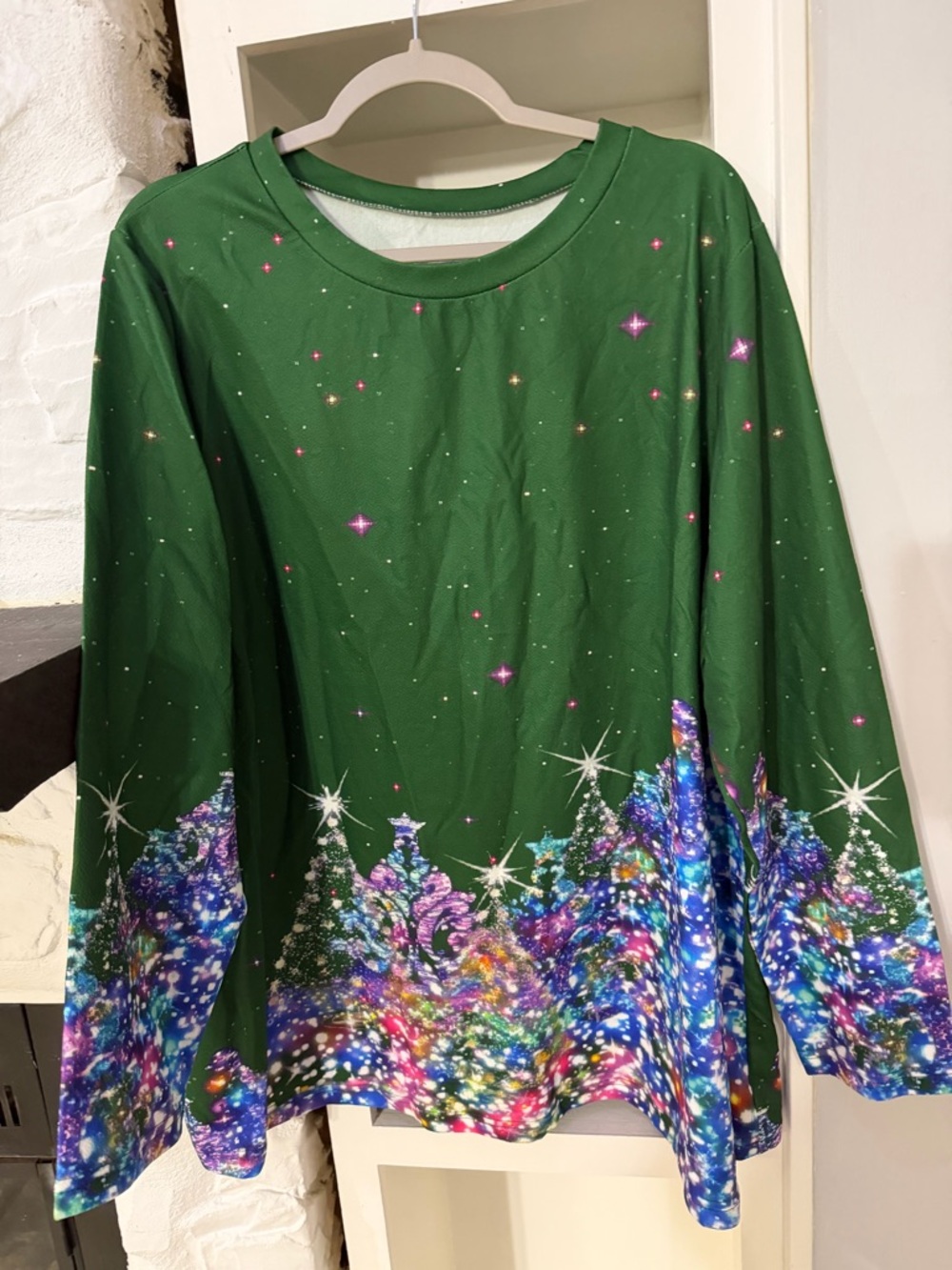 SHEIN Curve Green Holiday Sweater with Multicolor Tree Trim